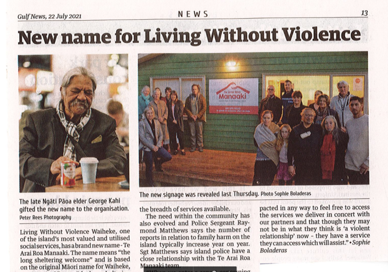 Living Without Violence Name Changes to Te Ārai Roa Manaaki